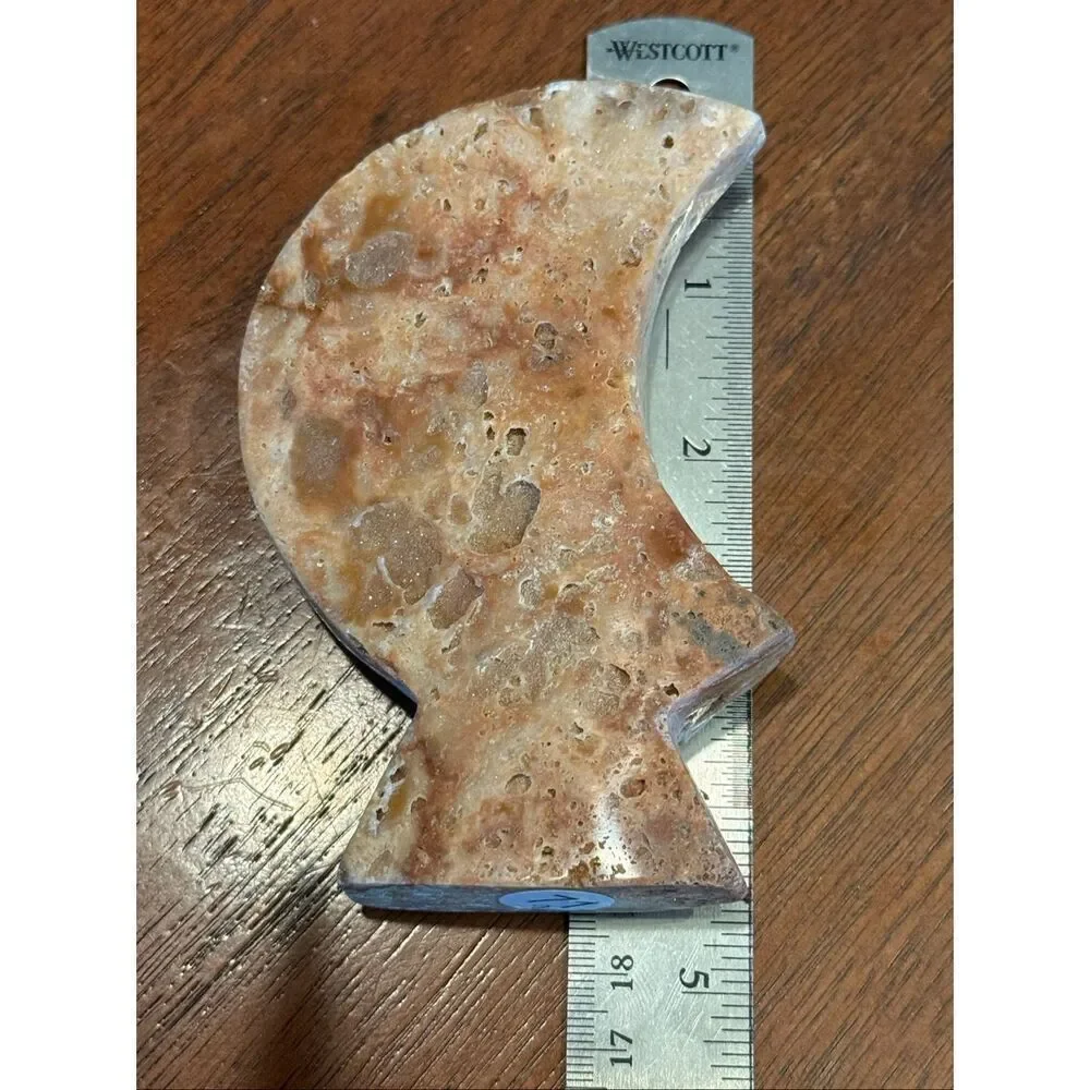 Vintage Natural Travertine Moon Sculpture Hand Carved Stone Crescent Modern Deco